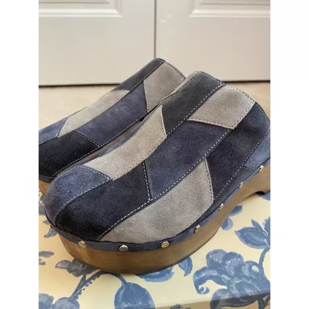 Sezane Blue And Gray Patchwork Platform Mules - image 2